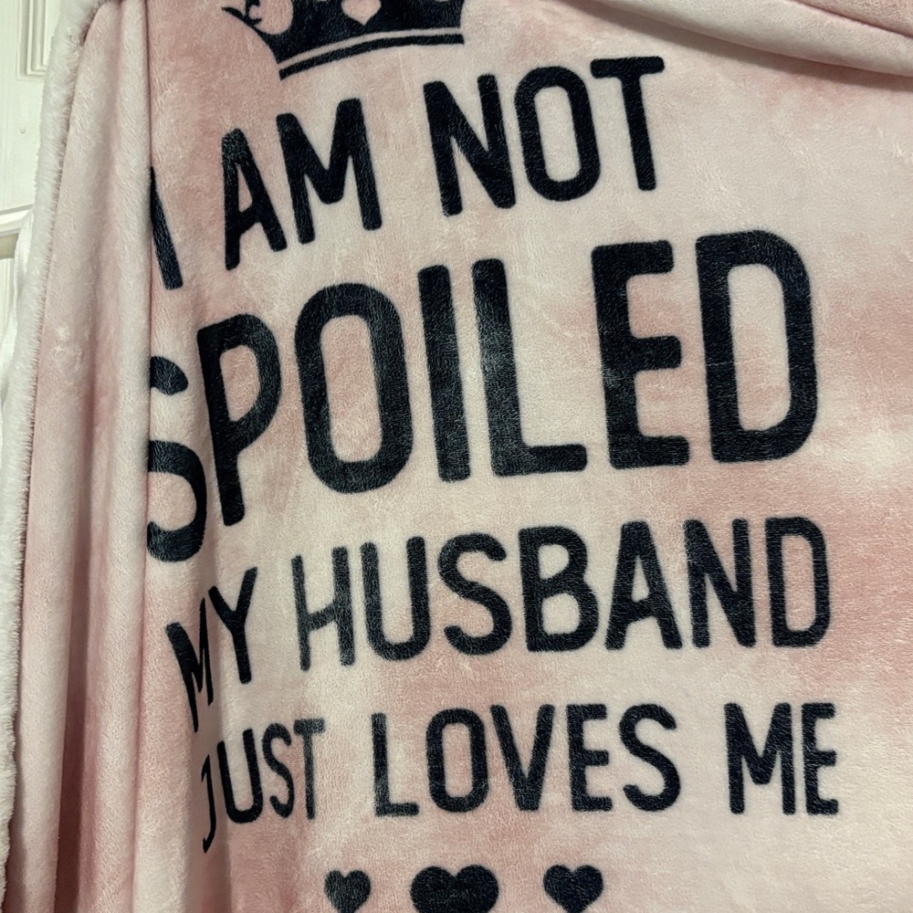 Pink Fleece Hooded Blanket with Black Text